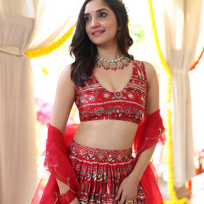 Red Hibiscus Haven Printed Satin Lehenga Set