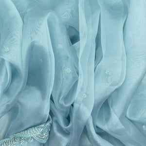 Turquoise Woven Blended Viscose Saree With Embroidered Floral Motifs