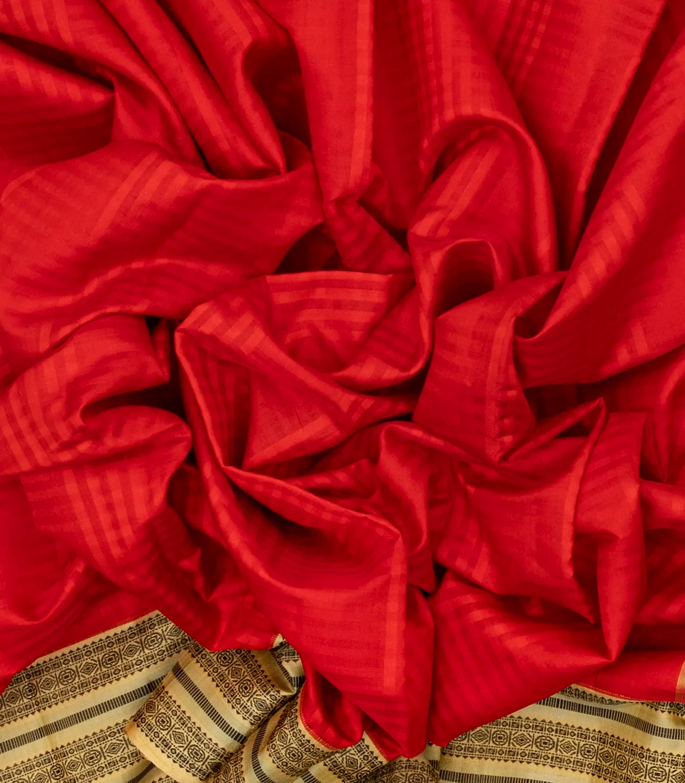 Red Handloom Kora Silk Saree With Checks & Beige Border