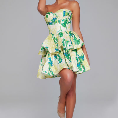 Floral Print Short Strapless A-line Dress by Jovani JVN37057