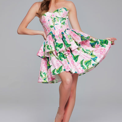 Floral Print Short Strapless A-line Dress by Jovani JVN37057