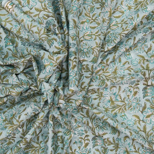 Turquoise Woven Jaipur Cotton Saree Printed With Green Floral Motifs