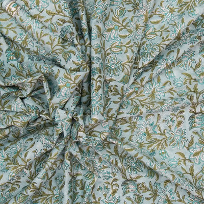 Turquoise Woven Jaipur Cotton Saree Printed With Green Floral Motifs