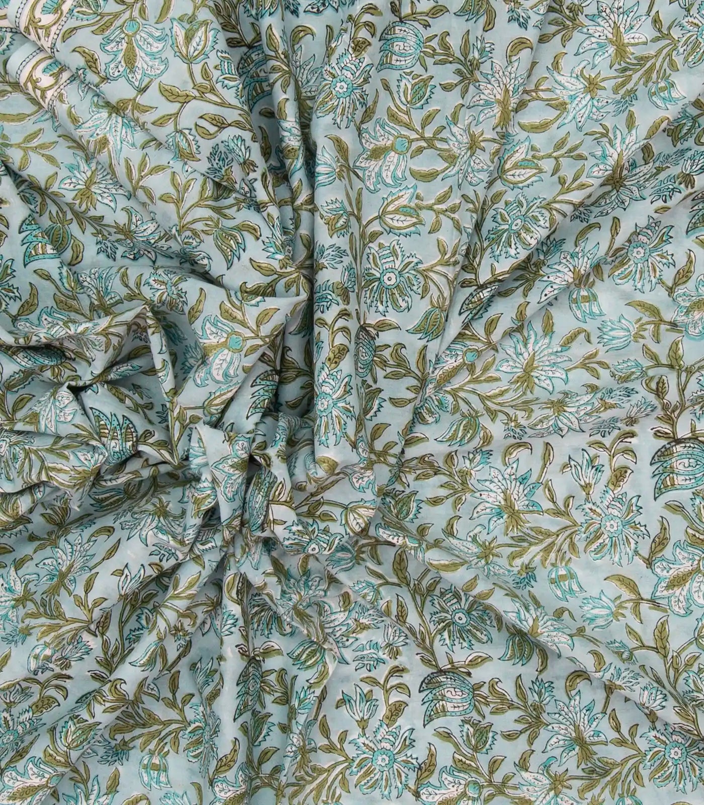 Turquoise Woven Jaipur Cotton Saree Printed With Green Floral Motifs