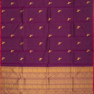Magenta Handloom Kanchipuram Silk Saree With Deer Zari Buttas
