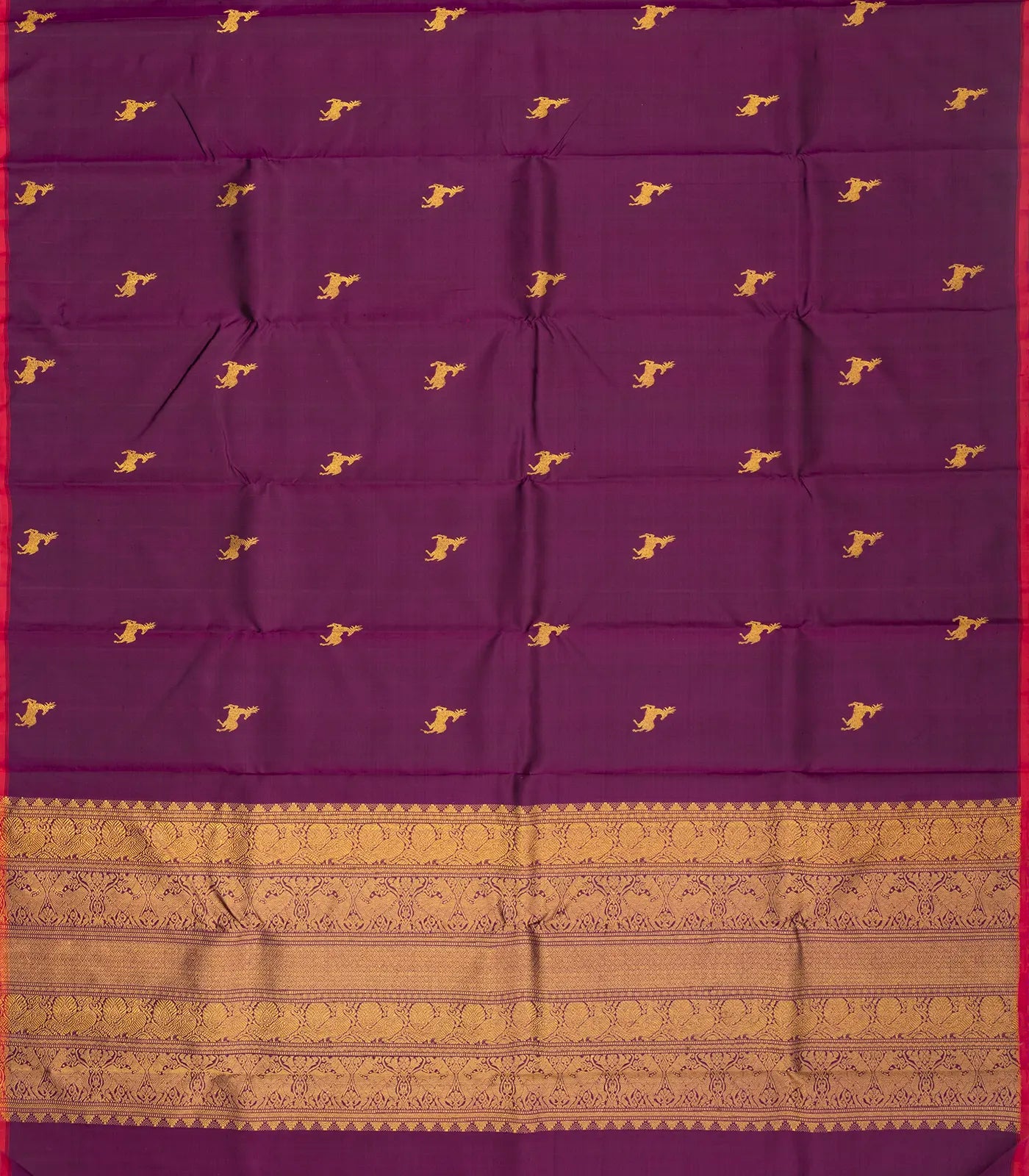 Magenta Handloom Kanchipuram Silk Saree With Deer Zari Buttas