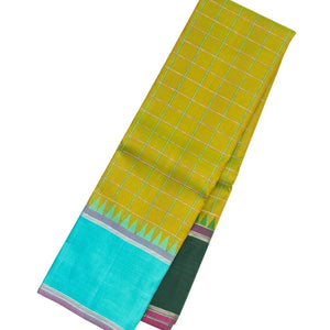 Olive Green Handloom Korvai Kanchipuram Silk Saree With Meena Checks