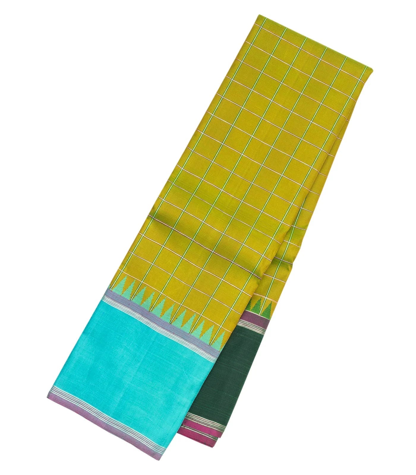 Olive Green Handloom Korvai Kanchipuram Silk Saree With Meena Checks