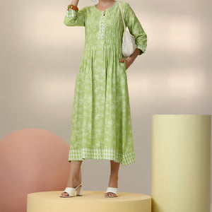 Green Printed Cotton A-Line Dress
