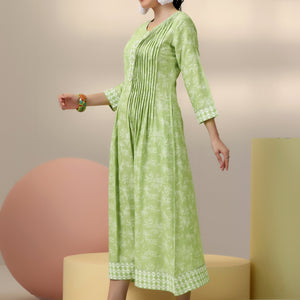 Green Printed Cotton A-Line Dress