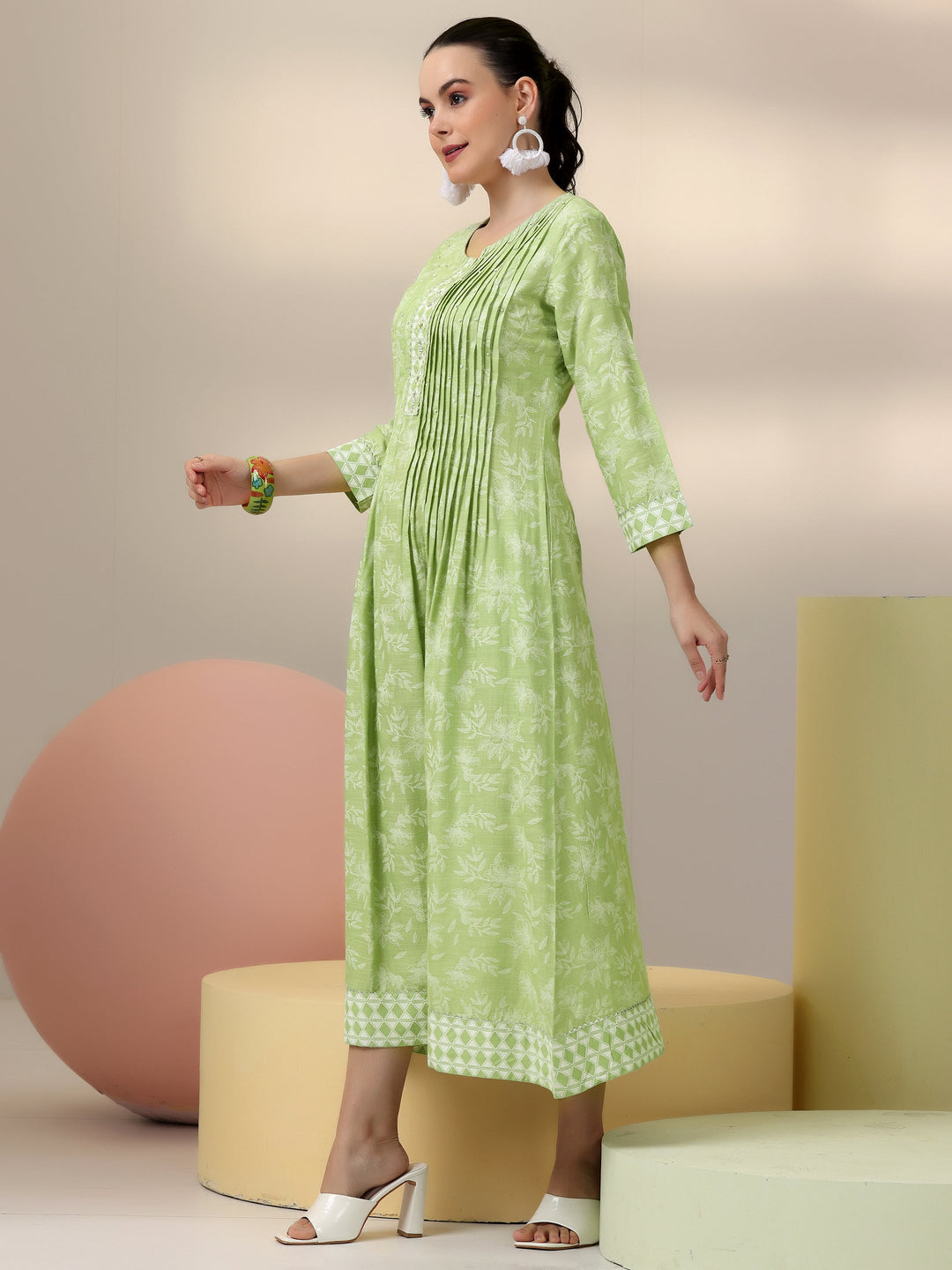 Green Printed Cotton A-Line Dress