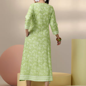 Green Printed Cotton A-Line Dress