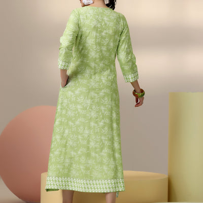 Green Printed Cotton A-Line Dress