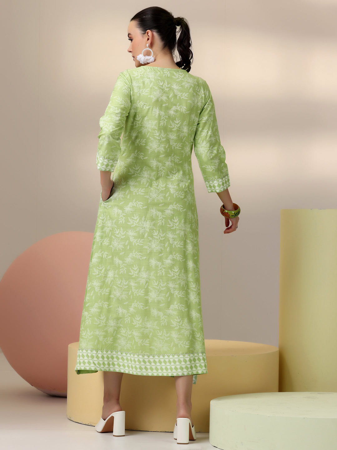 Green Printed Cotton A-Line Dress