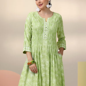 Green Printed Cotton A-Line Dress