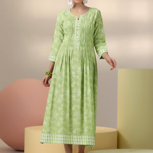 Green Printed Cotton A-Line Dress