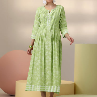 Green Printed Cotton A-Line Dress