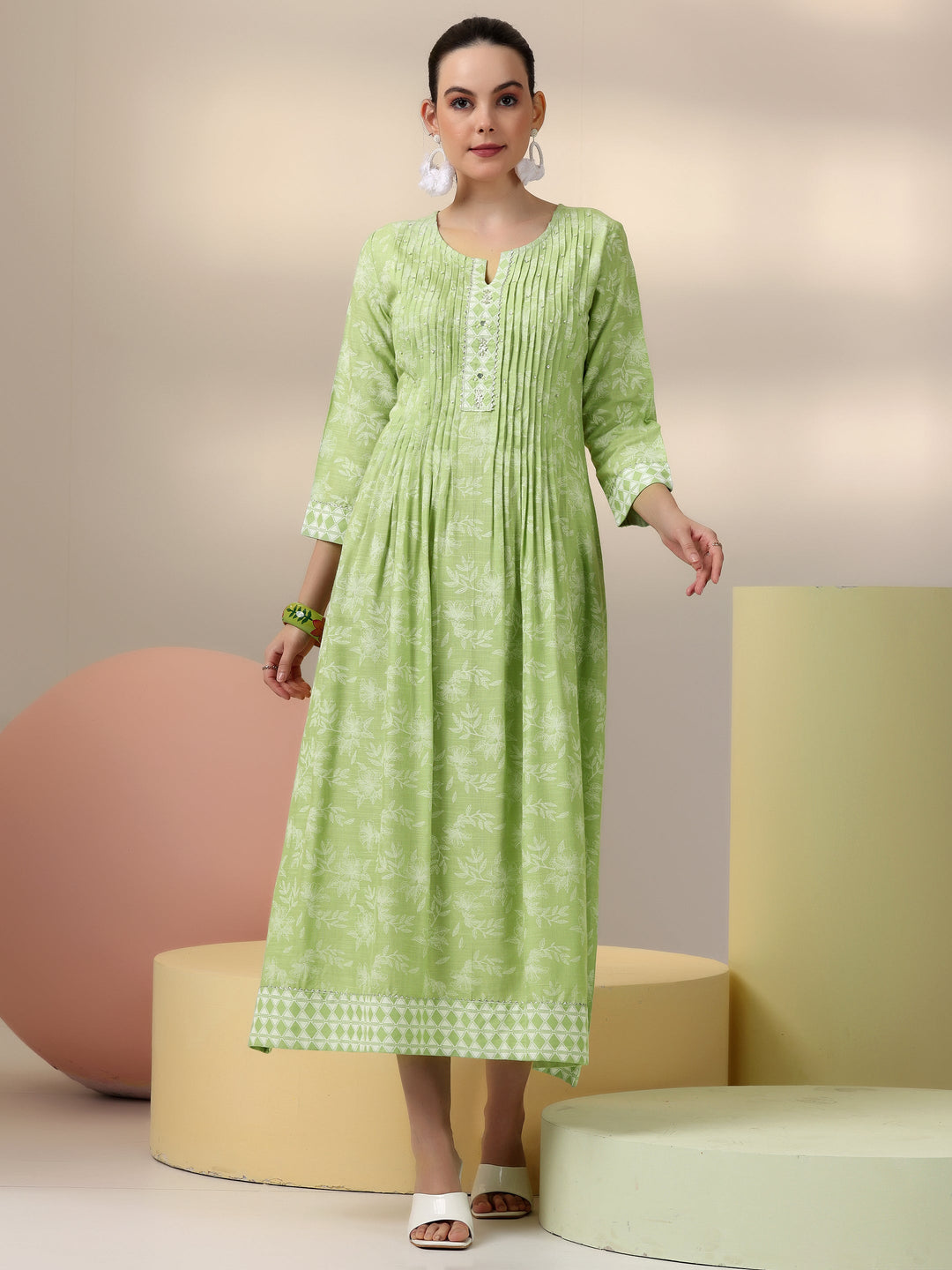 Green Printed Cotton A-Line Dress