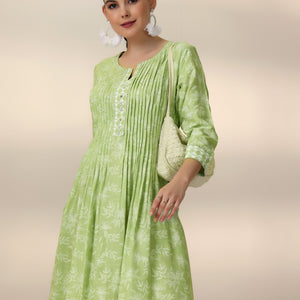 Green Printed Cotton A-Line Dress