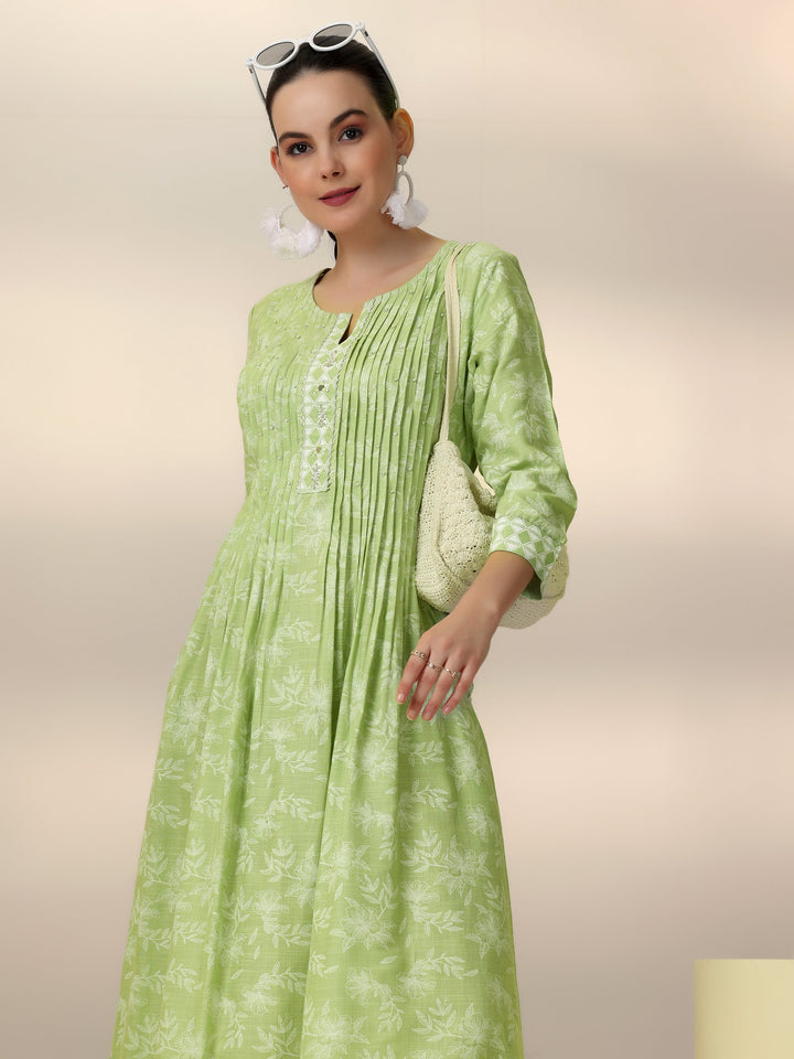 Green Printed Cotton A-Line Dress