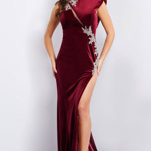 Velvet Fitted One Shoulder Slit Gown by Jovani 37341