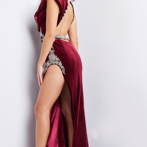 Velvet Fitted One Shoulder Slit Gown by Jovani 37341