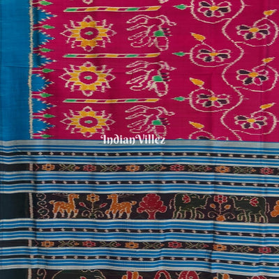 Pink Sky Blue Flower and Elephant Contemporary Odisha Ikat Silk Saree