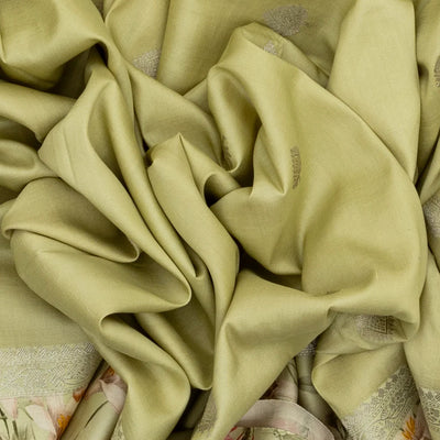 Gold Handloom Tussar Silk Saree With Floral Buttas & Printed Border