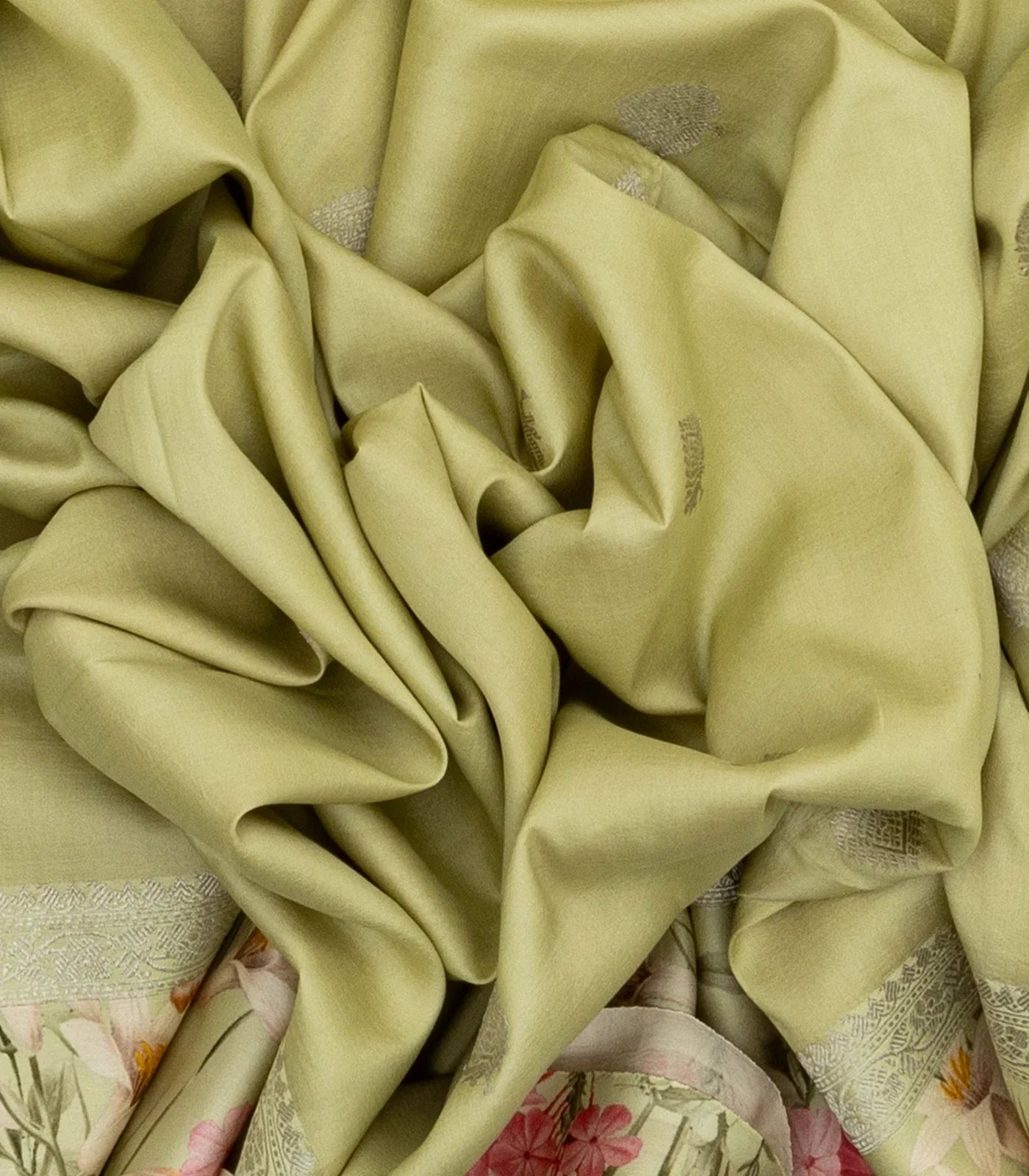 Gold Handloom Tussar Silk Saree With Floral Buttas & Printed Border