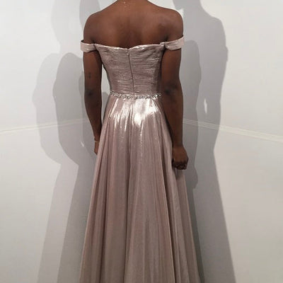 Metallic Off Shoulder A-line Slit Gown by Jovani 37381