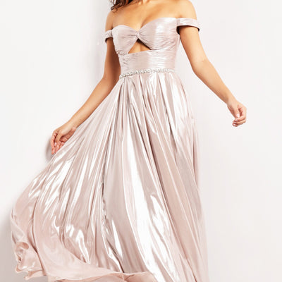Metallic Off Shoulder A-line Slit Gown by Jovani 37381