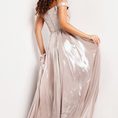 Metallic Off Shoulder A-line Slit Gown by Jovani 37381