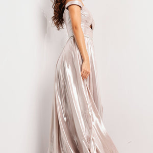 Metallic Off Shoulder A-line Slit Gown by Jovani 37381