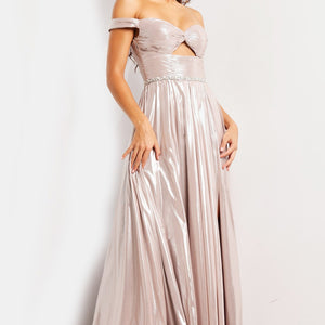 Metallic Off Shoulder A-line Slit Gown by Jovani 37381