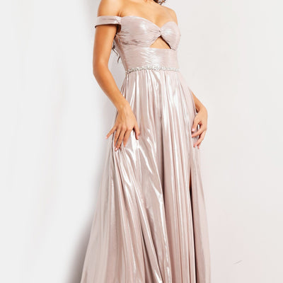 Metallic Off Shoulder A-line Slit Gown by Jovani 37381
