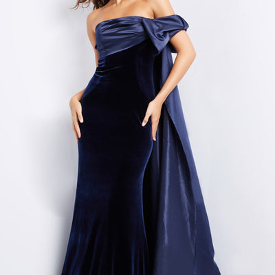 Satin Velvet Off Shoulder A-line Gown by Jovani 37391