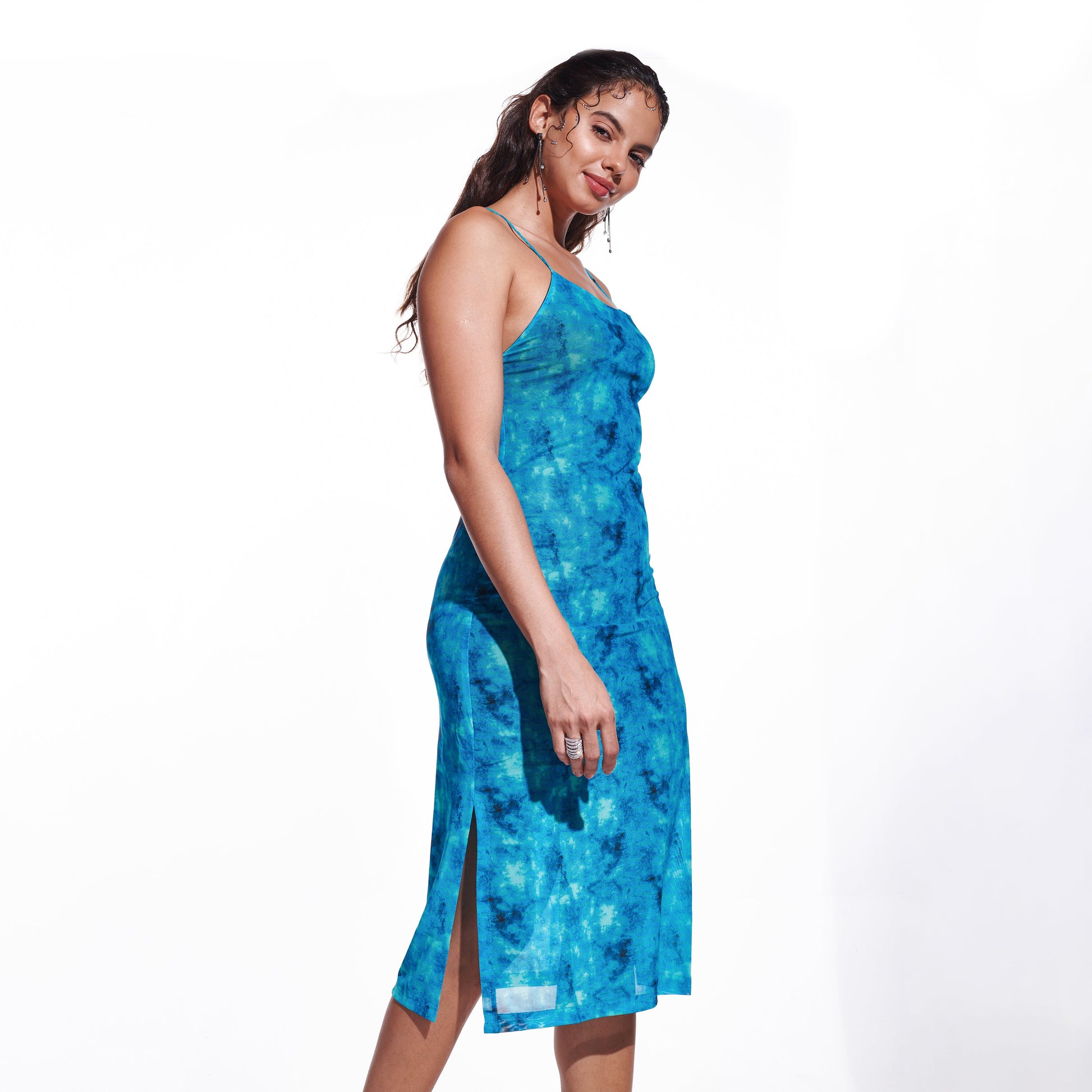 Printed Mesh Backless Dress