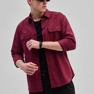 Maroon Solid Double Pocket Overshirt