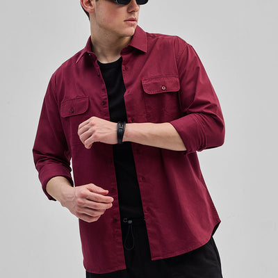Maroon Solid Double Pocket Overshirt