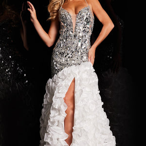 Beaded Sleeveless Ruffled Slit Gown by Jovani 37588