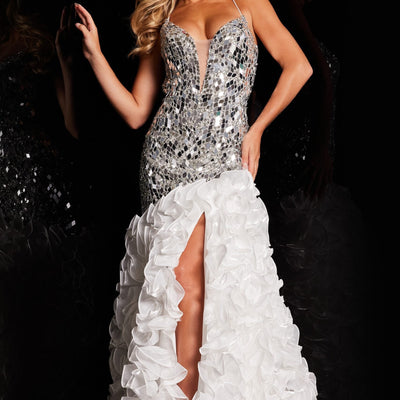 Beaded Sleeveless Ruffled Slit Gown by Jovani 37588