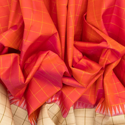 Peach Handloom Kanchipuram Korvai Silk Saree With Checks
