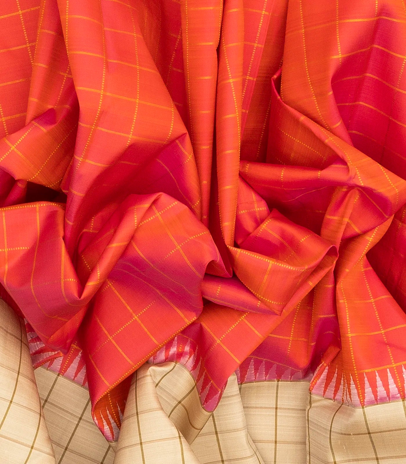 Peach Handloom Kanchipuram Korvai Silk Saree With Checks
