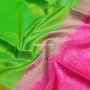 Parrot Green Pink South Handloom Kanjivaram Soft Silk Saree