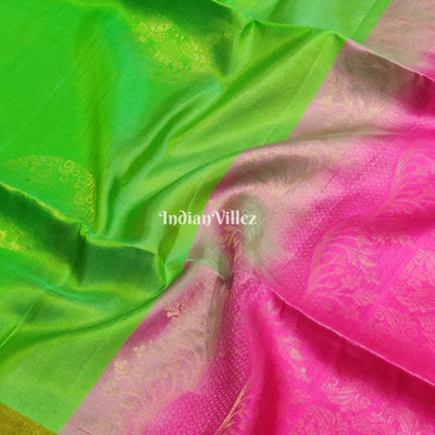 Parrot Green Pink South Handloom Kanjivaram Soft Silk Saree