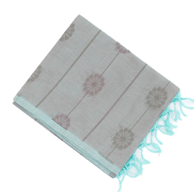 Dark Grey Handloom Village Cotton Saree With Floral Motifs