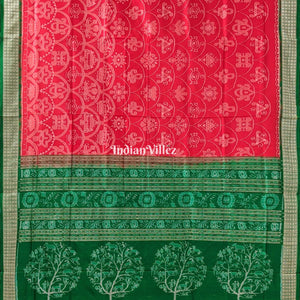 Reddish Orange Green Sambalpuri Bomkai Silk Saree