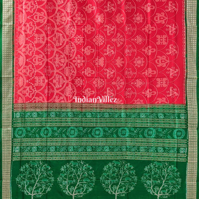 Reddish Orange Green Sambalpuri Bomkai Silk Saree