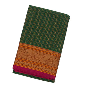 Dark Green Handloom Kanchi Cotton Saree With Checks & Square Motifs