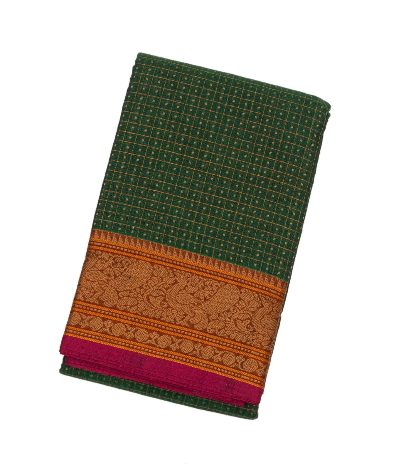 Dark Green Handloom Kanchi Cotton Saree With Checks & Square Motifs